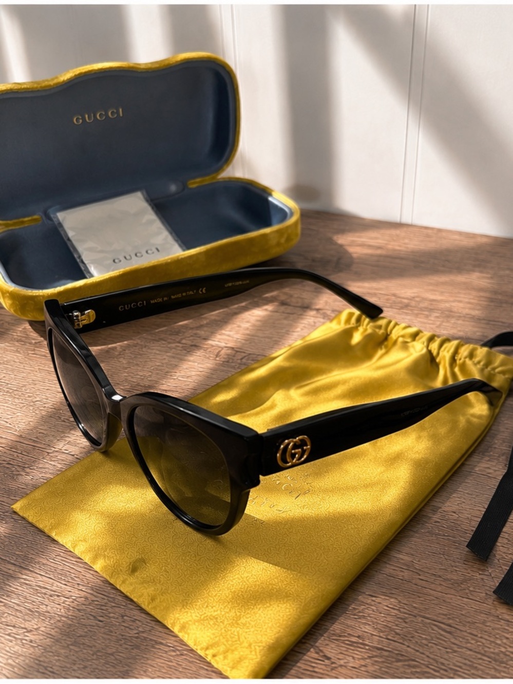 Gucci Black Sunglasses with Gold GG Accent and Yellow Pouch